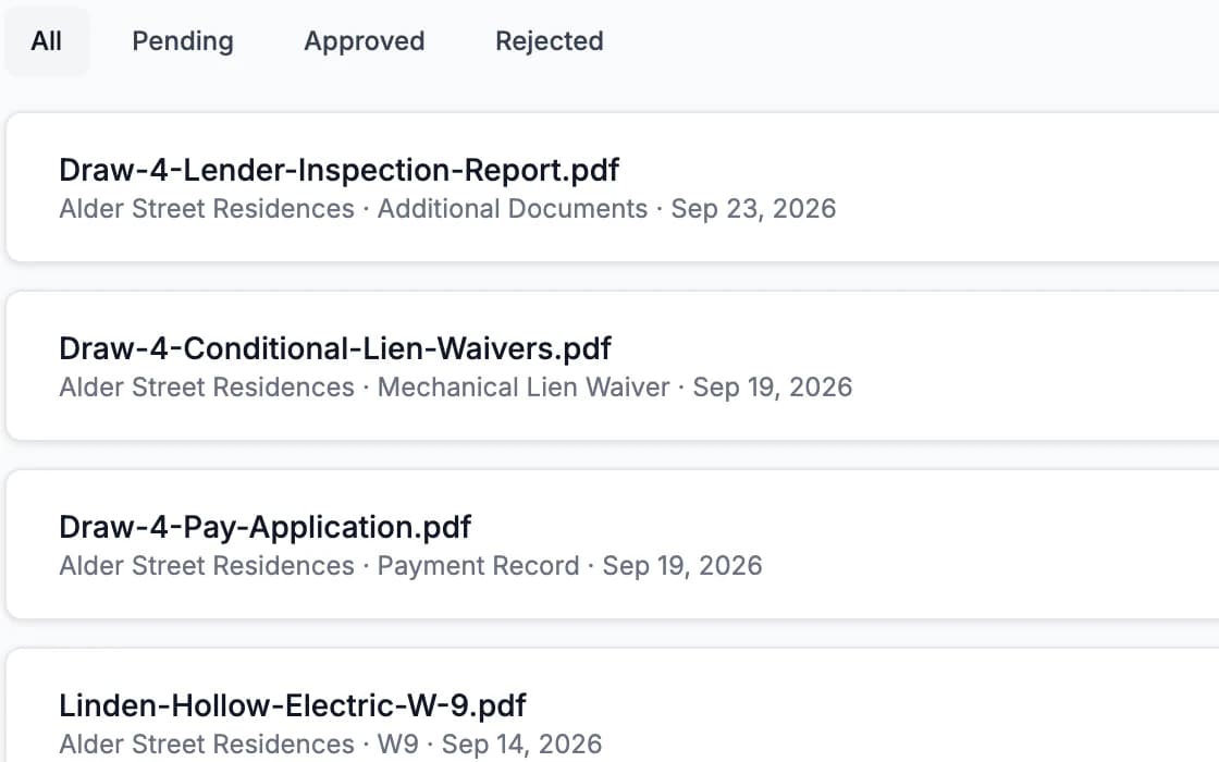 Constructura documents library with project documents and their review status. Demo data.