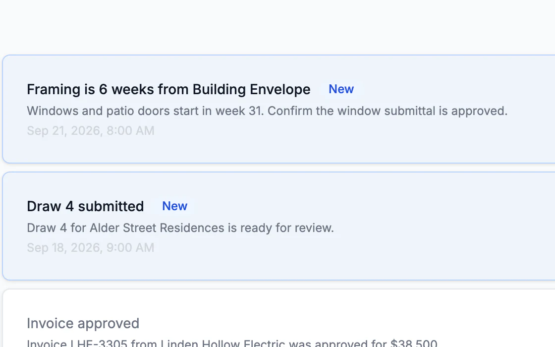 Constructura in-app notifications list. Demo data.