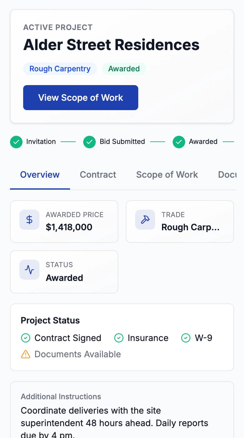 Subcontractor portal on a phone for Kettle Ridge Framing, a fictional subcontractor: its Alder Street Residences assignment with the awarded price and a signed contract, insurance, and W-9. Demo data.